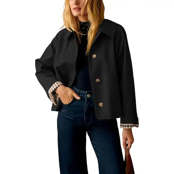 Women's Cropped Trench Coat | Classic Collar & Oversized Casual Jacket with Checkered Lining