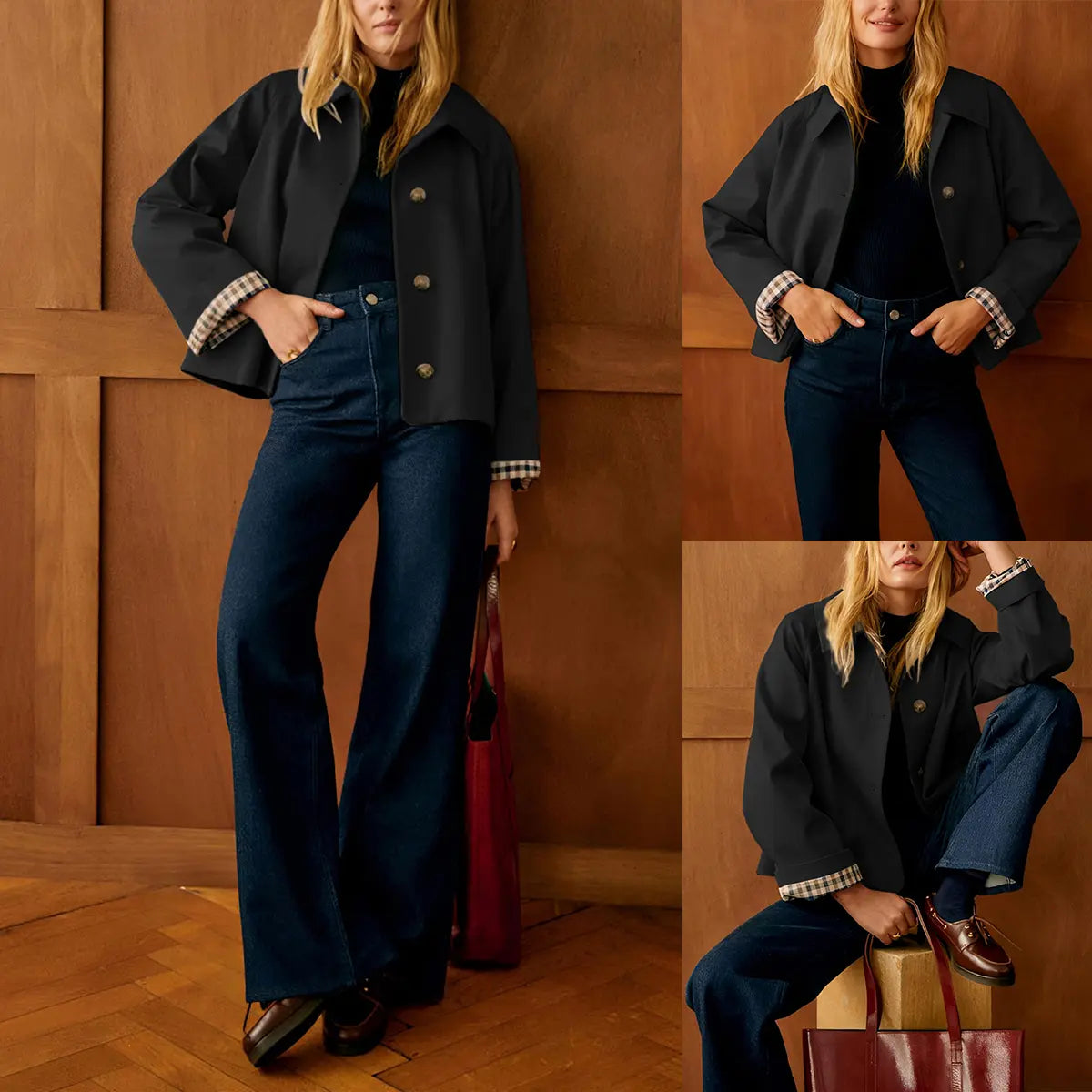 Women's Cropped Trench Coat | Classic Collar & Oversized Casual Jacket with Checkered Lining