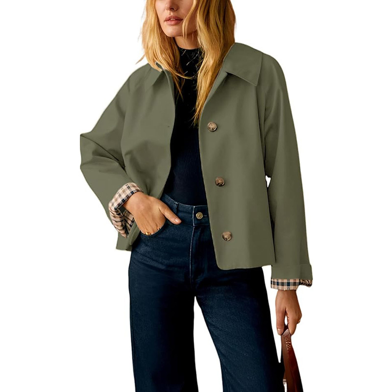 Women's Cropped Trench Coat | Classic Collar & Oversized Casual Jacket with Checkered Lining