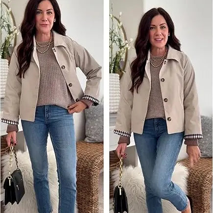 Women's Cropped Trench Coat | Classic Collar & Oversized Casual Jacket with Checkered Lining