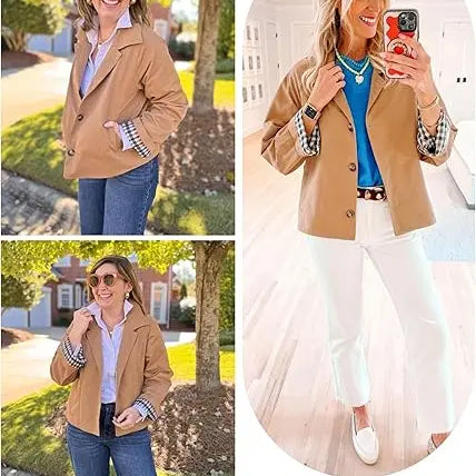 Women's Cropped Trench Coat | Classic Collar & Oversized Casual Jacket with Checkered Lining