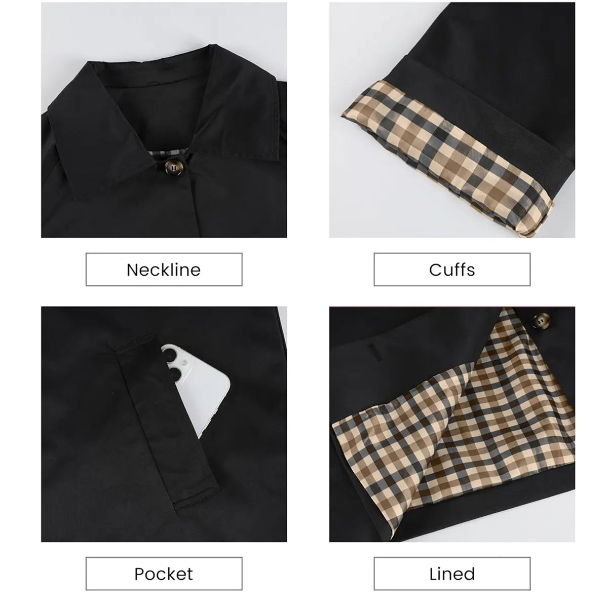 Women's Cropped Trench Coat | Classic Collar & Oversized Casual Jacket with Checkered Lining