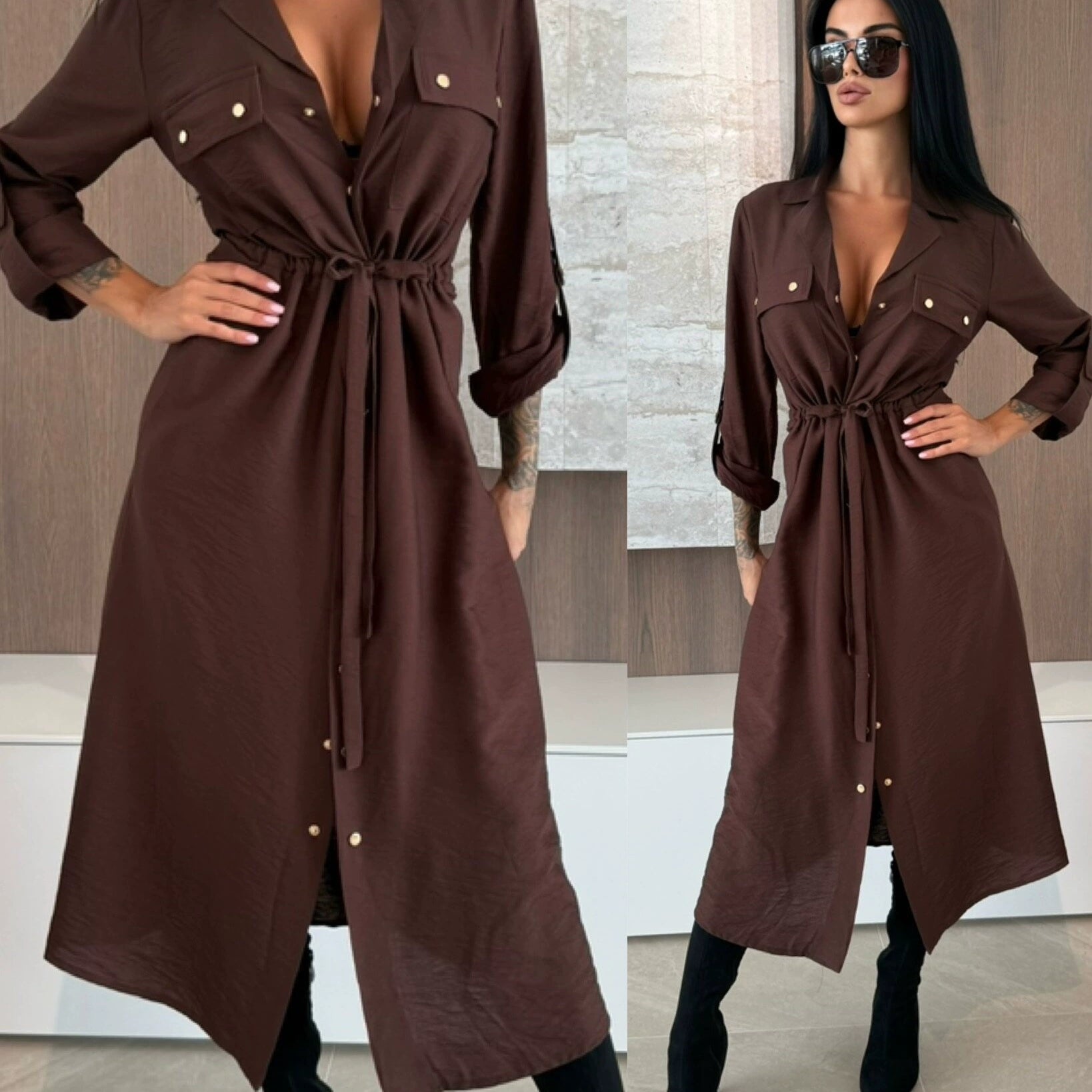 Shirt dress, solid color long skirt