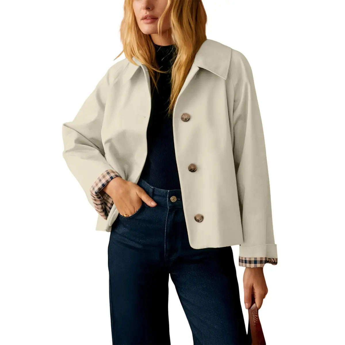 Women's Cropped Trench Coat | Classic Collar & Oversized Casual Jacket with Checkered Lining