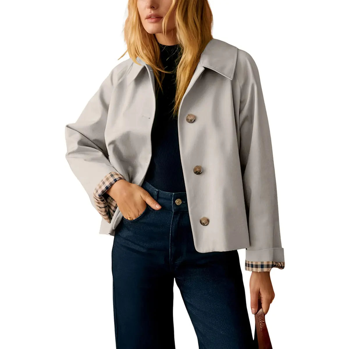Women's Cropped Trench Coat | Classic Collar & Oversized Casual Jacket with Checkered Lining