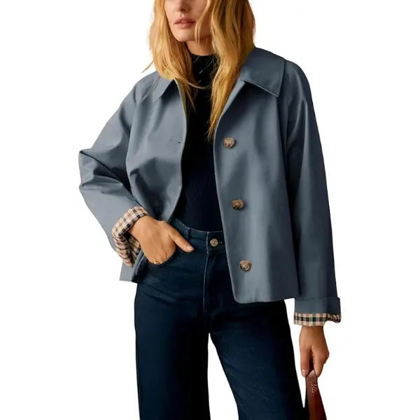 Women's Cropped Trench Coat | Classic Collar & Oversized Casual Jacket with Checkered Lining