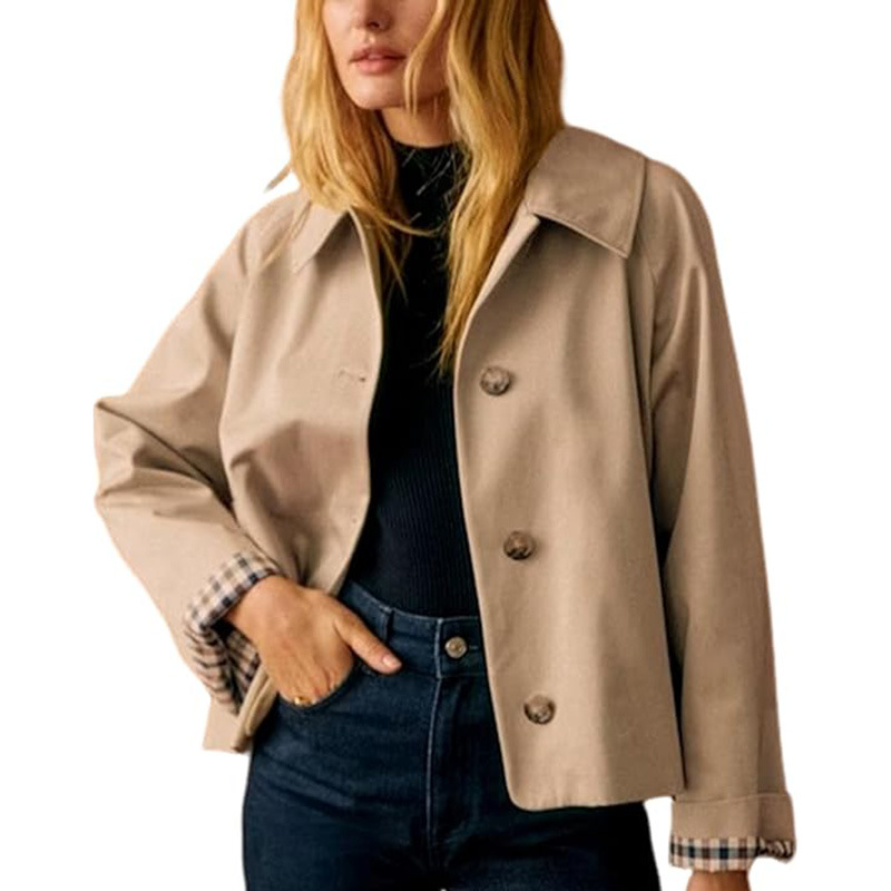 Women's Cropped Trench Coat | Classic Collar & Oversized Casual Jacket with Checkered Lining